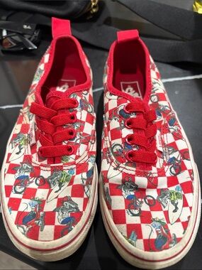 Vans Kids Red Checkerboard Motorcycle Print Sneakers,easy slip on no ties